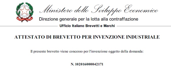 Attestazione brevetto italiano 2018.0383076